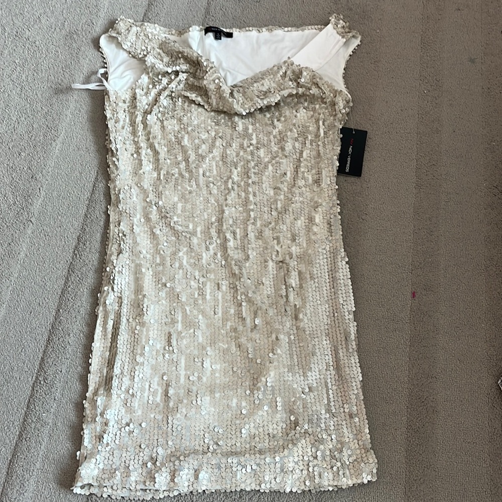 NWT Nick Verreos asymmetrical cowl neck sequence party dress